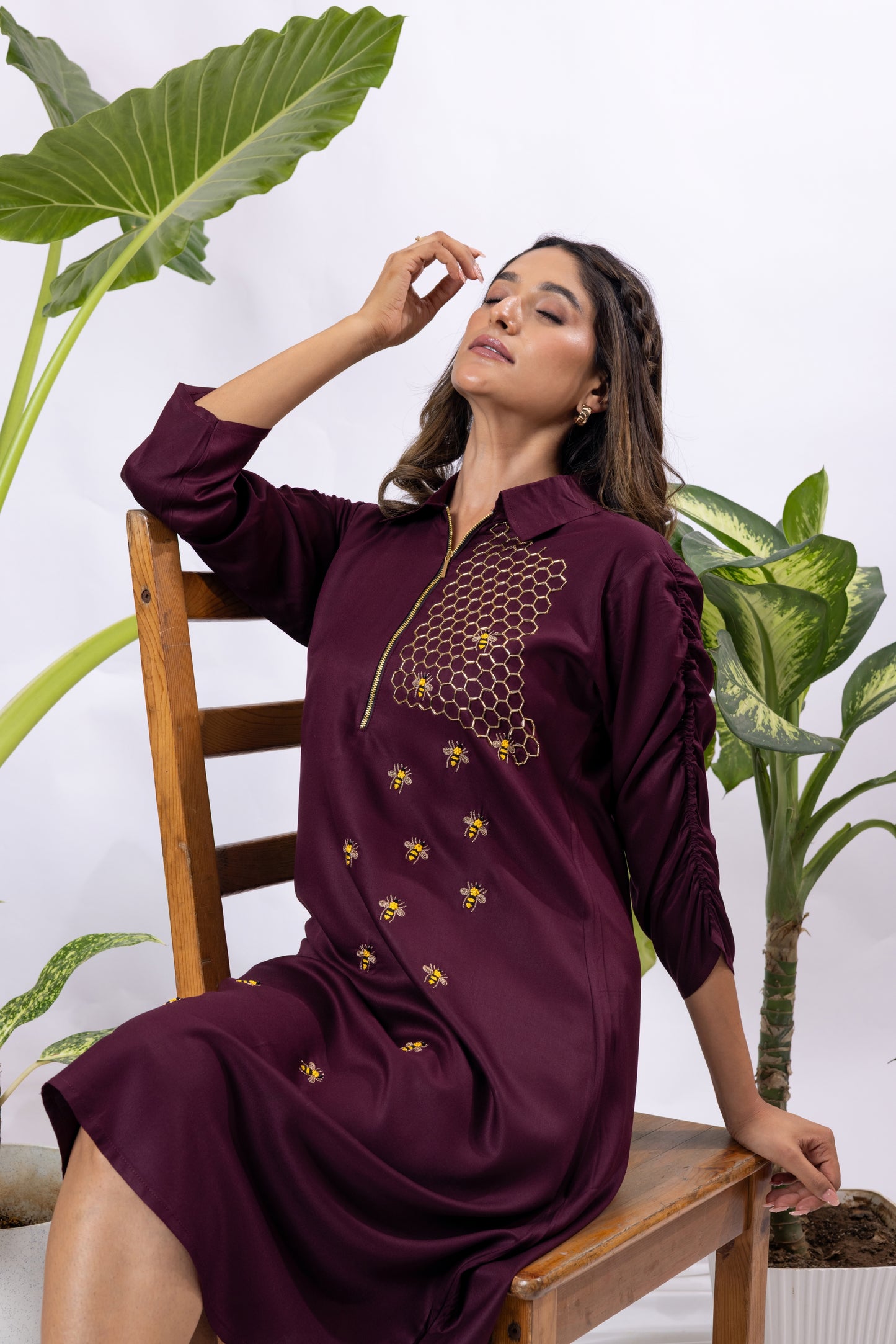 Bee hive zipper dress ( Maroon )