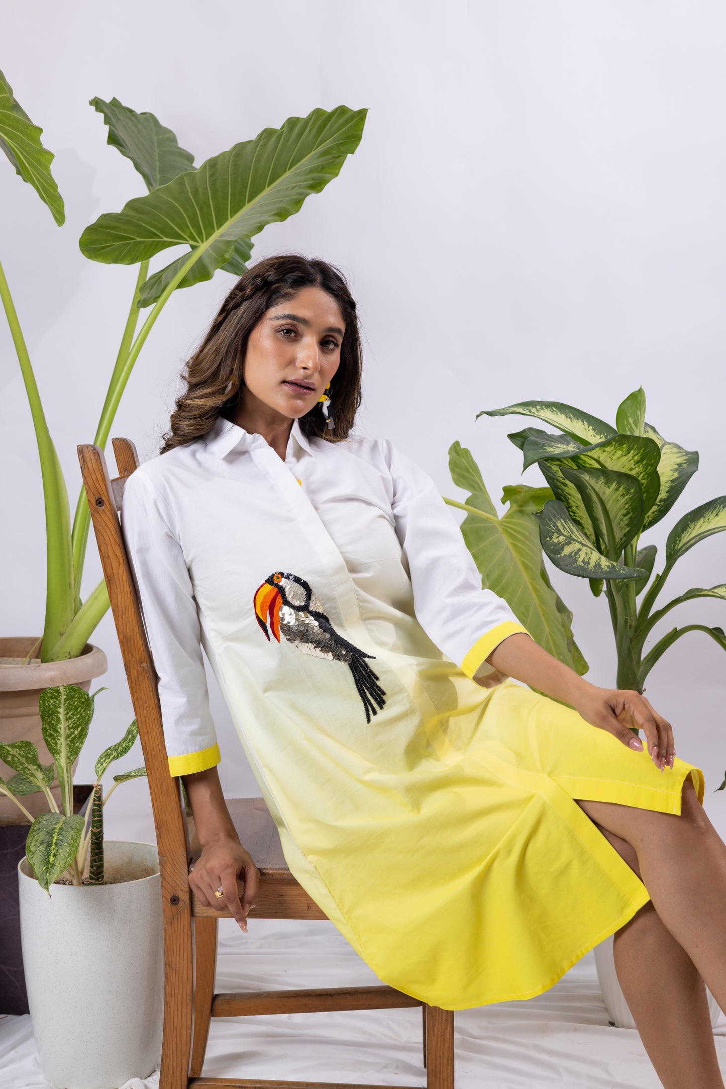 Turmeric Ombré Shirt dress with Toucan embroidery