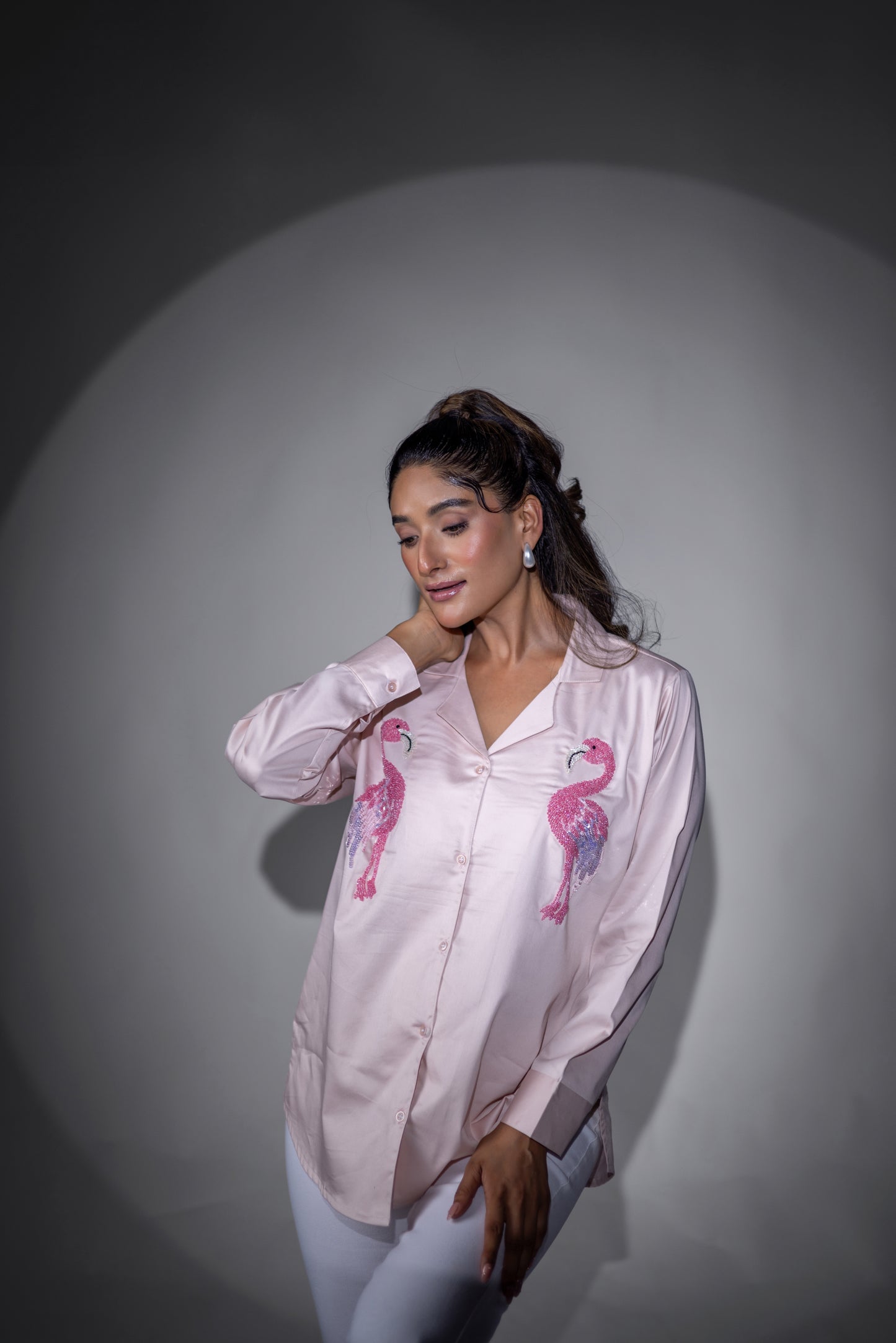Peach flamingo double collared shirt