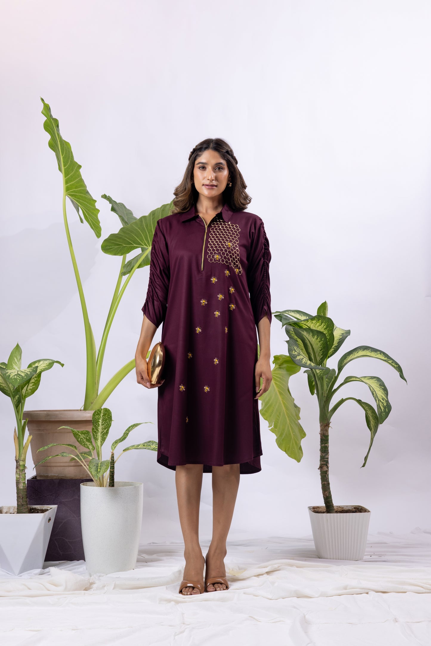 Bee hive zipper dress ( Maroon )