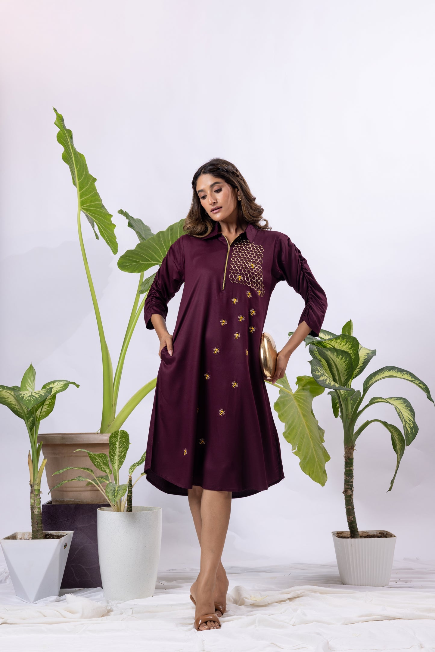 Bee hive zipper dress ( Maroon )