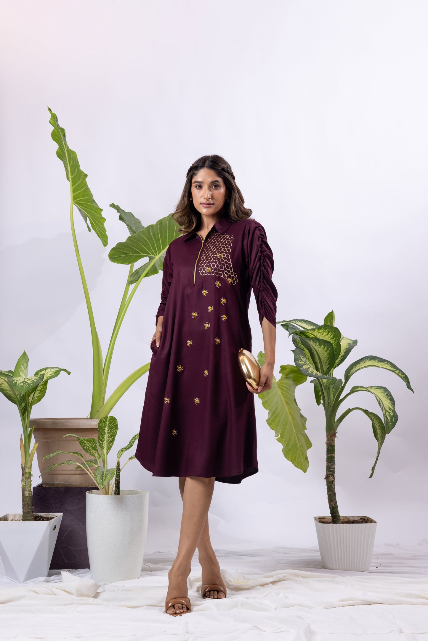 Bee hive zipper dress ( Maroon )
