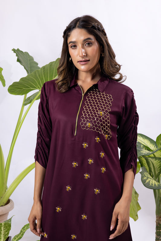 Bee hive zipper dress ( Maroon )