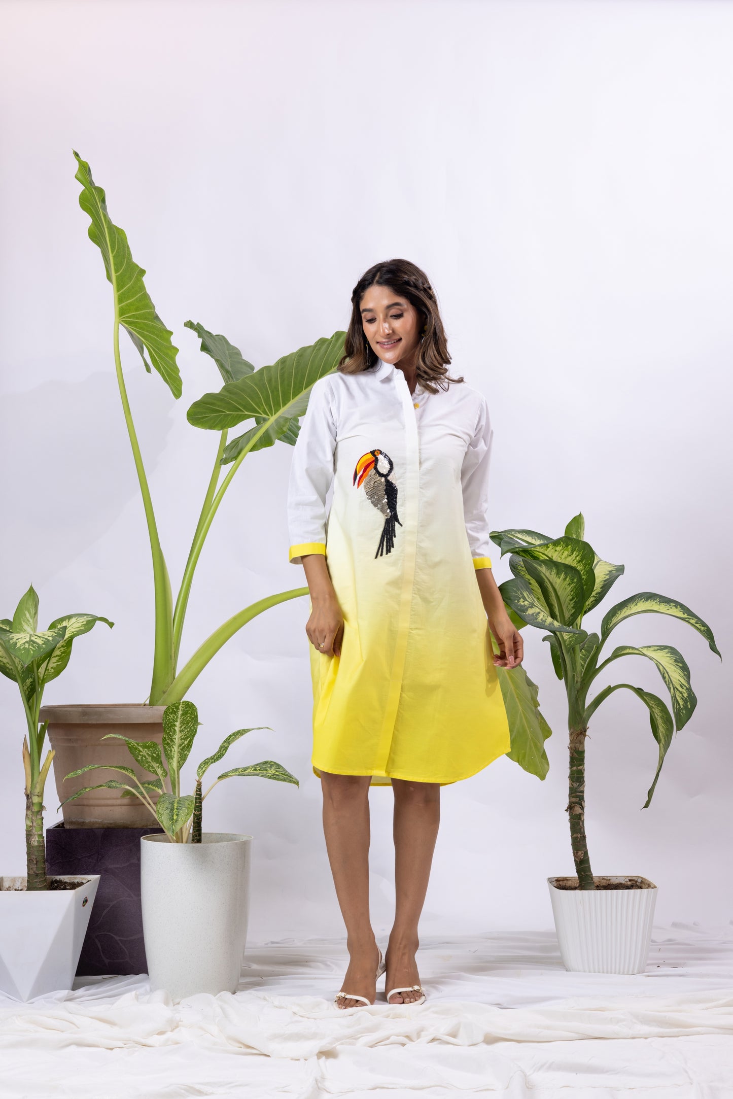 Turmeric Ombré Shirt dress with Toucan embroidery