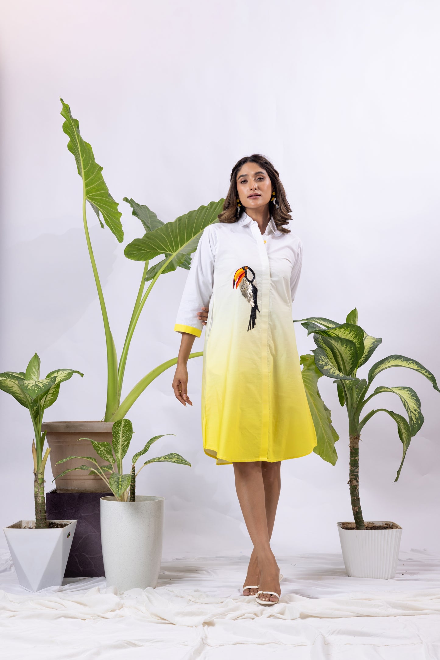 Turmeric Ombré Shirt dress with Toucan embroidery