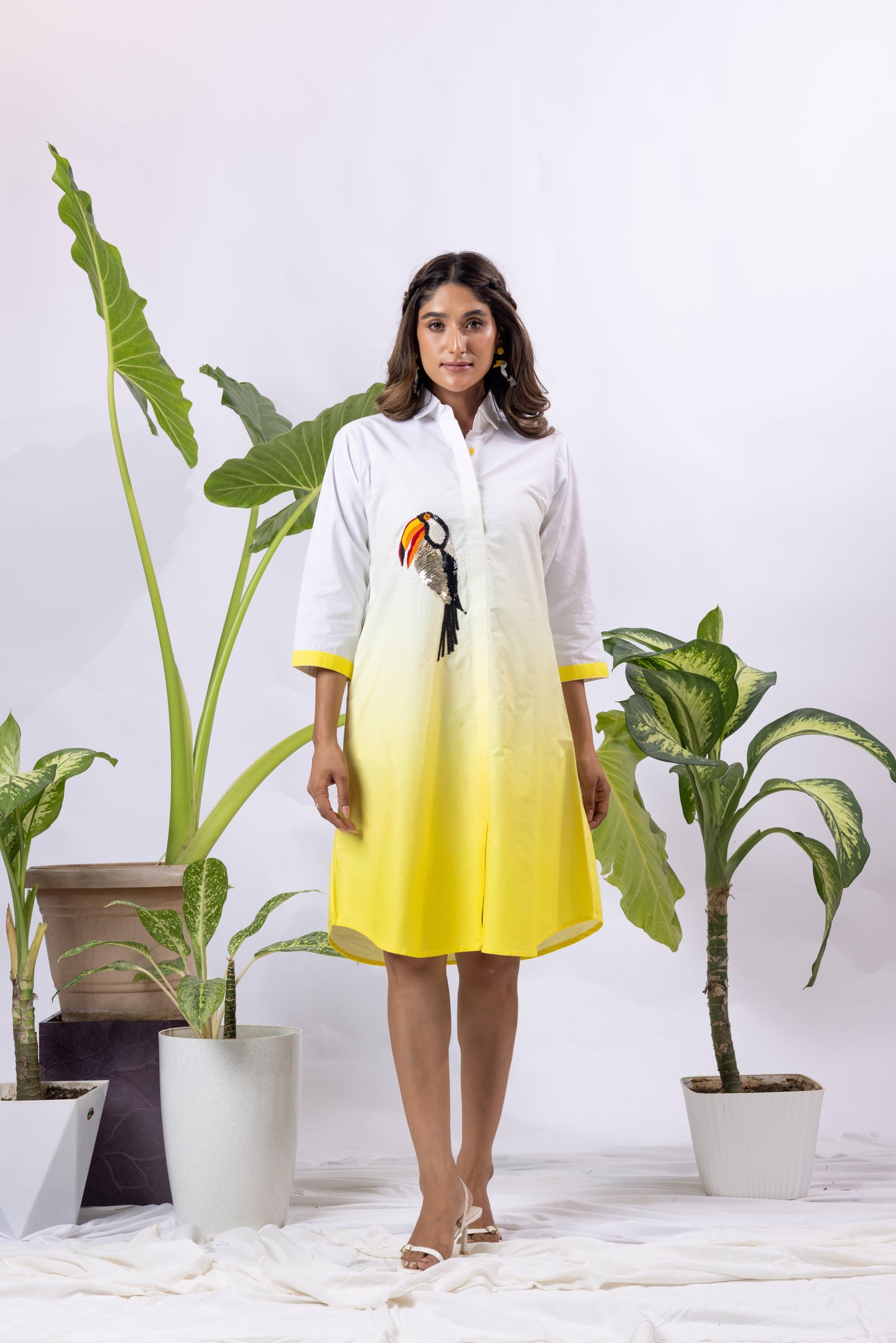 Turmeric Ombré Shirt dress with Toucan embroidery
