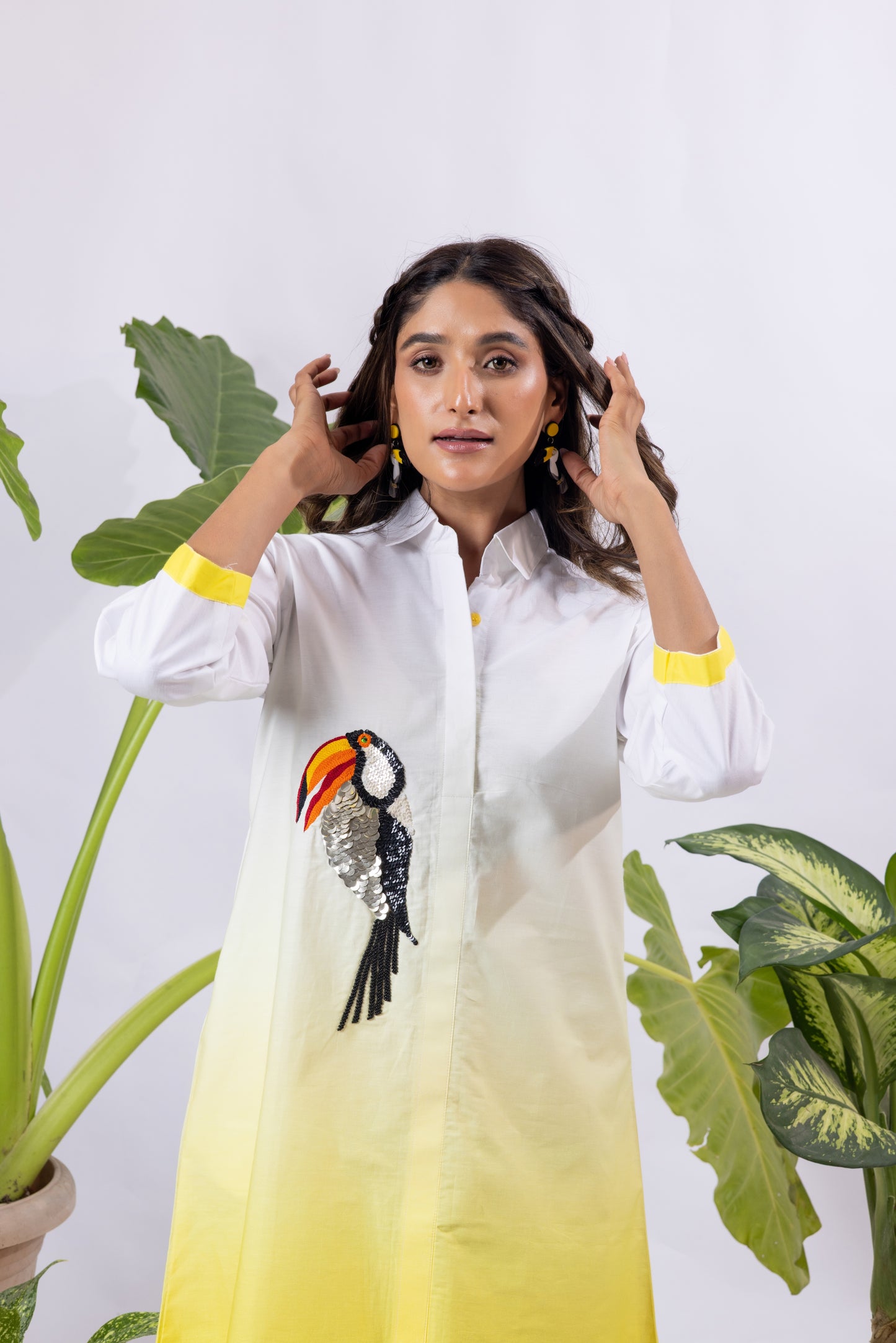 Turmeric Ombré Shirt dress with Toucan embroidery