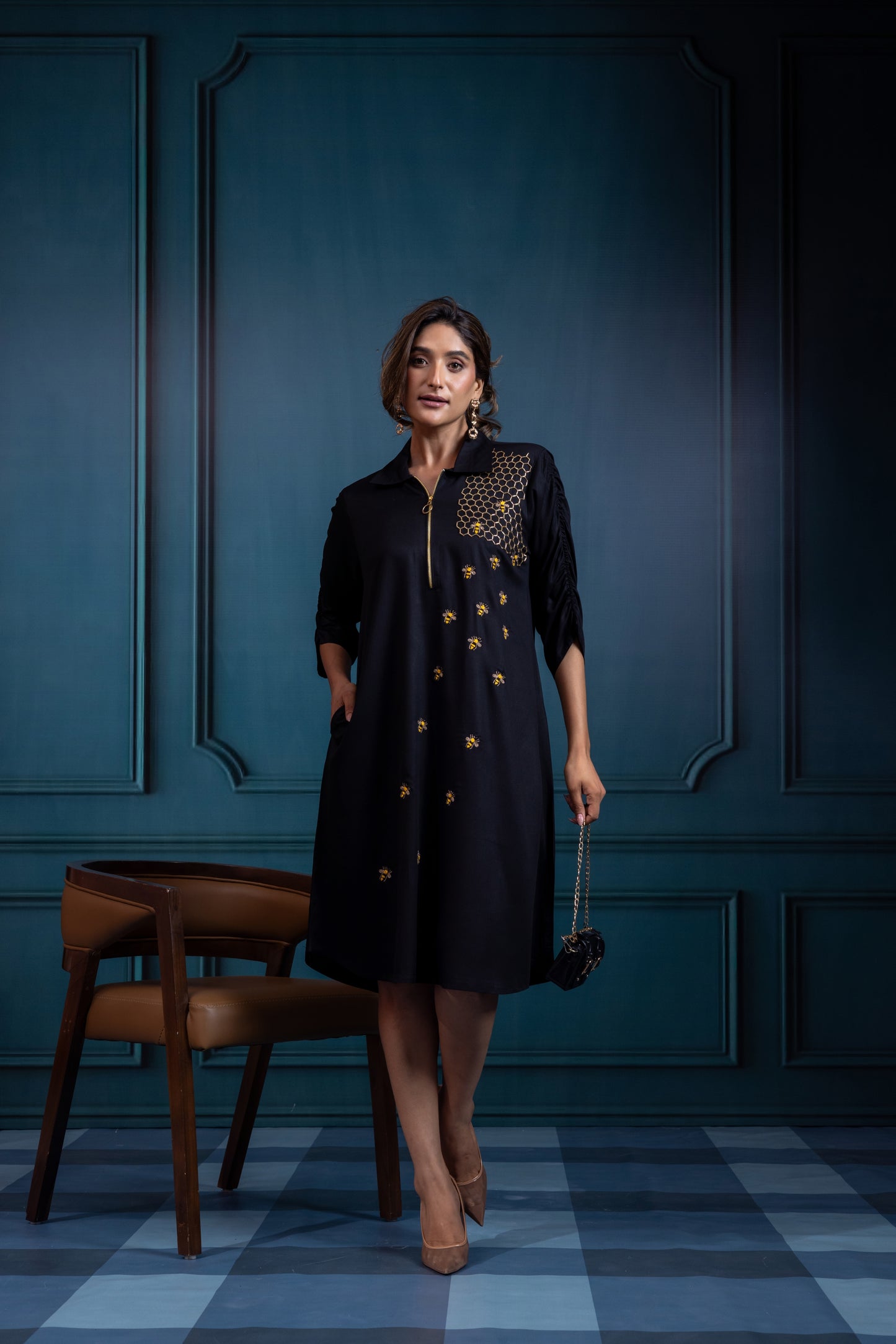 Bee hive zipper dress ( Black )