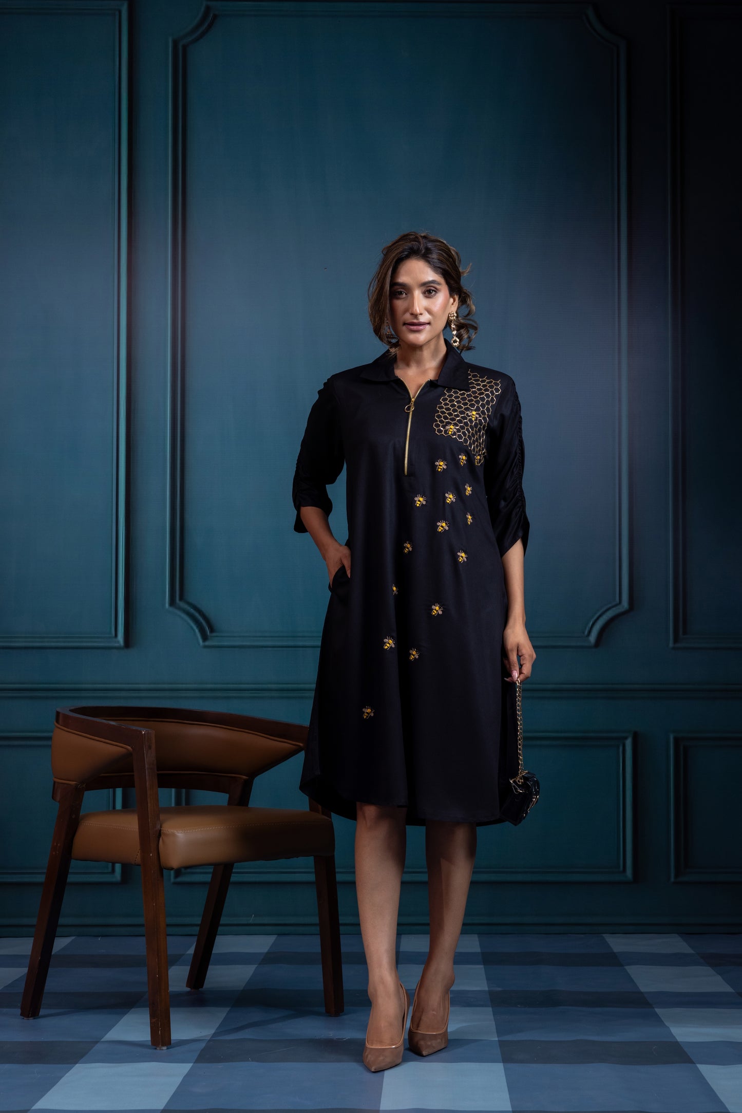 Bee hive zipper dress ( Black )