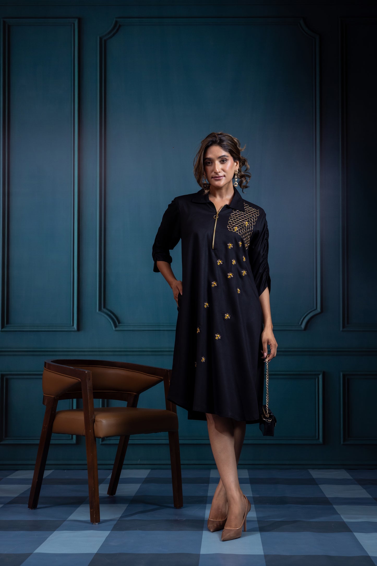 Bee hive zipper dress ( Black )