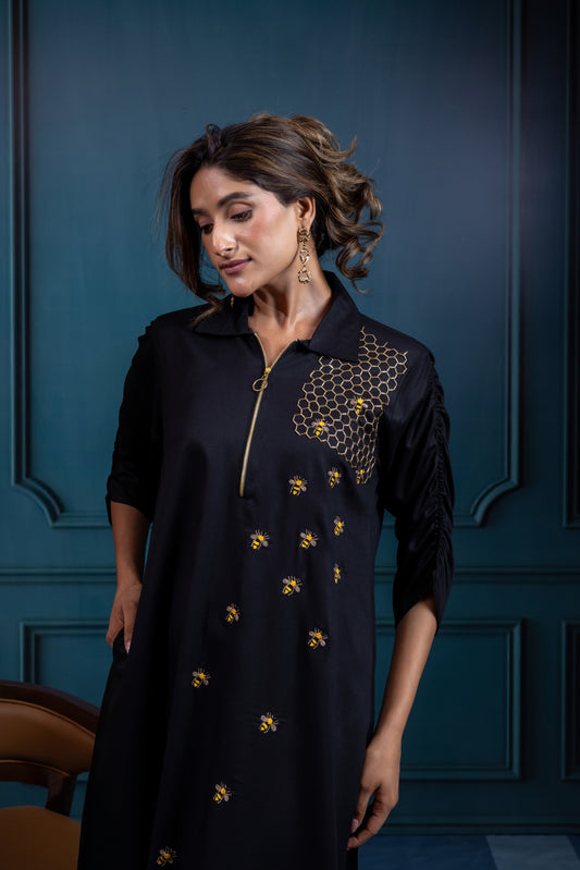 Bee hive zipper dress ( Black )