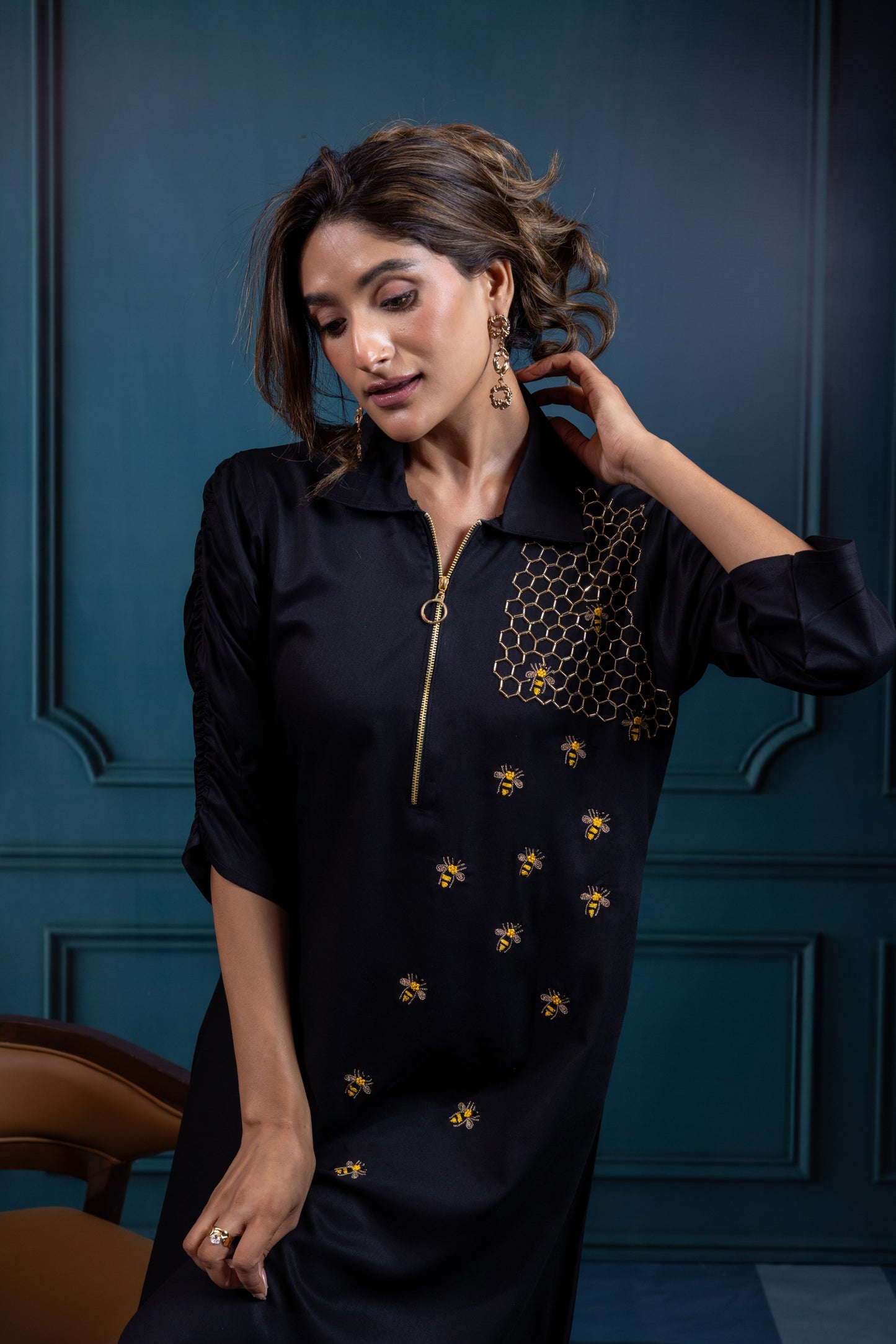 Bee hive zipper dress ( Black )