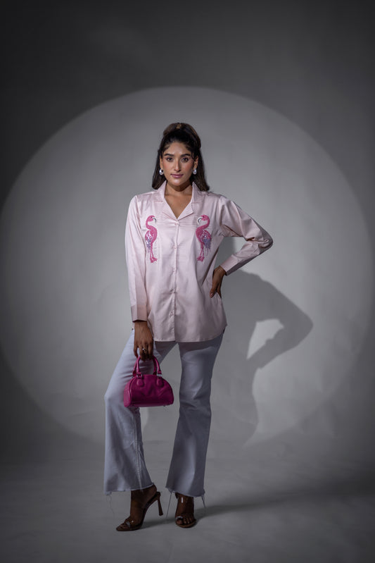 Peach flamingo double collared shirt