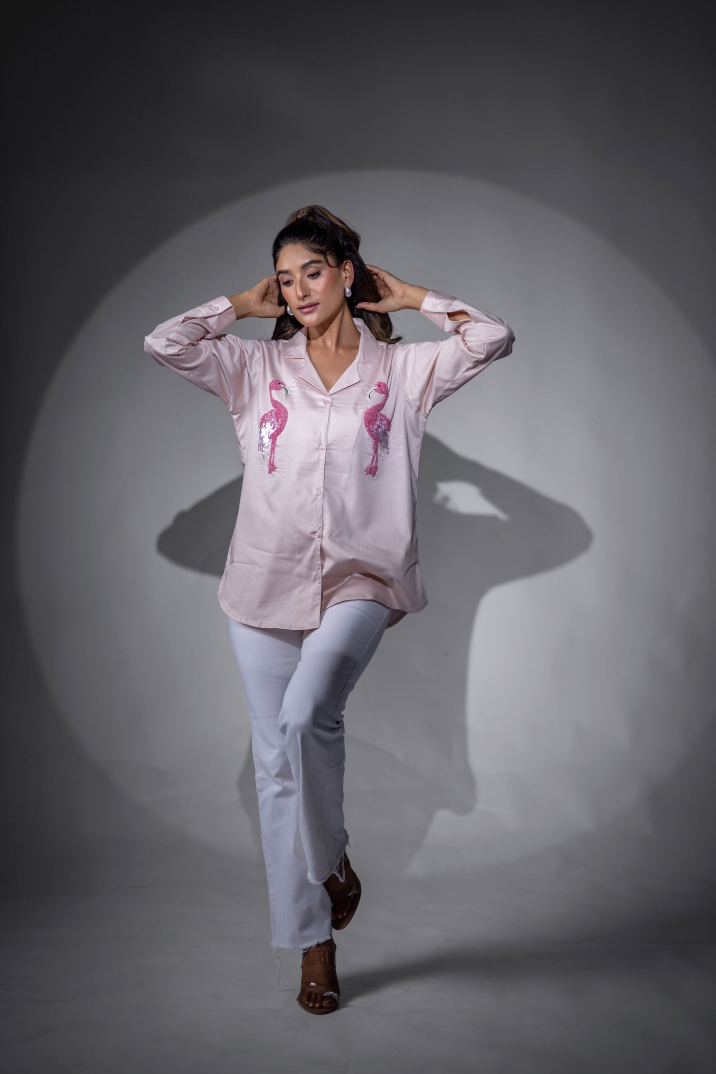 Peach flamingo double collared shirt