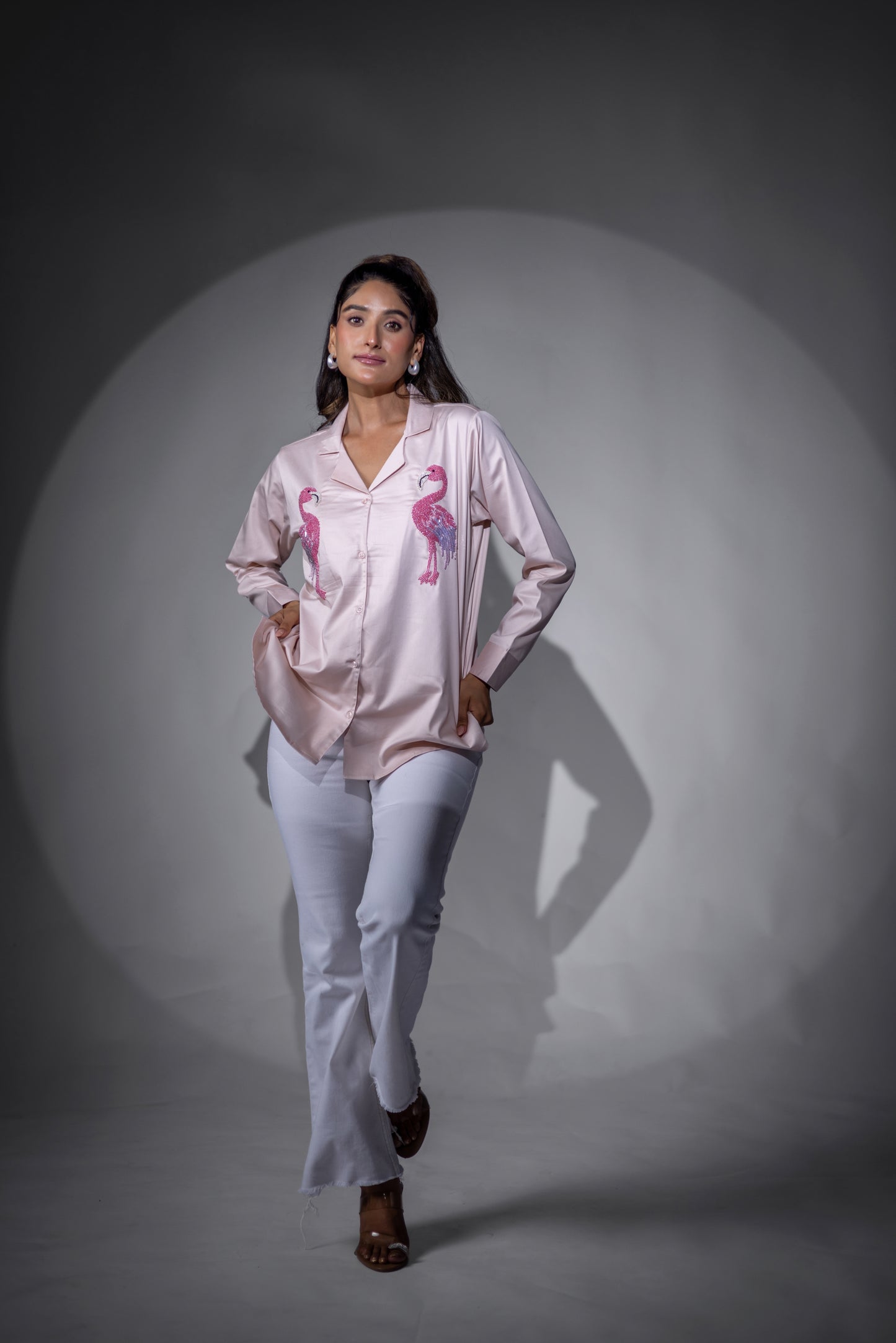 Peach flamingo double collared shirt