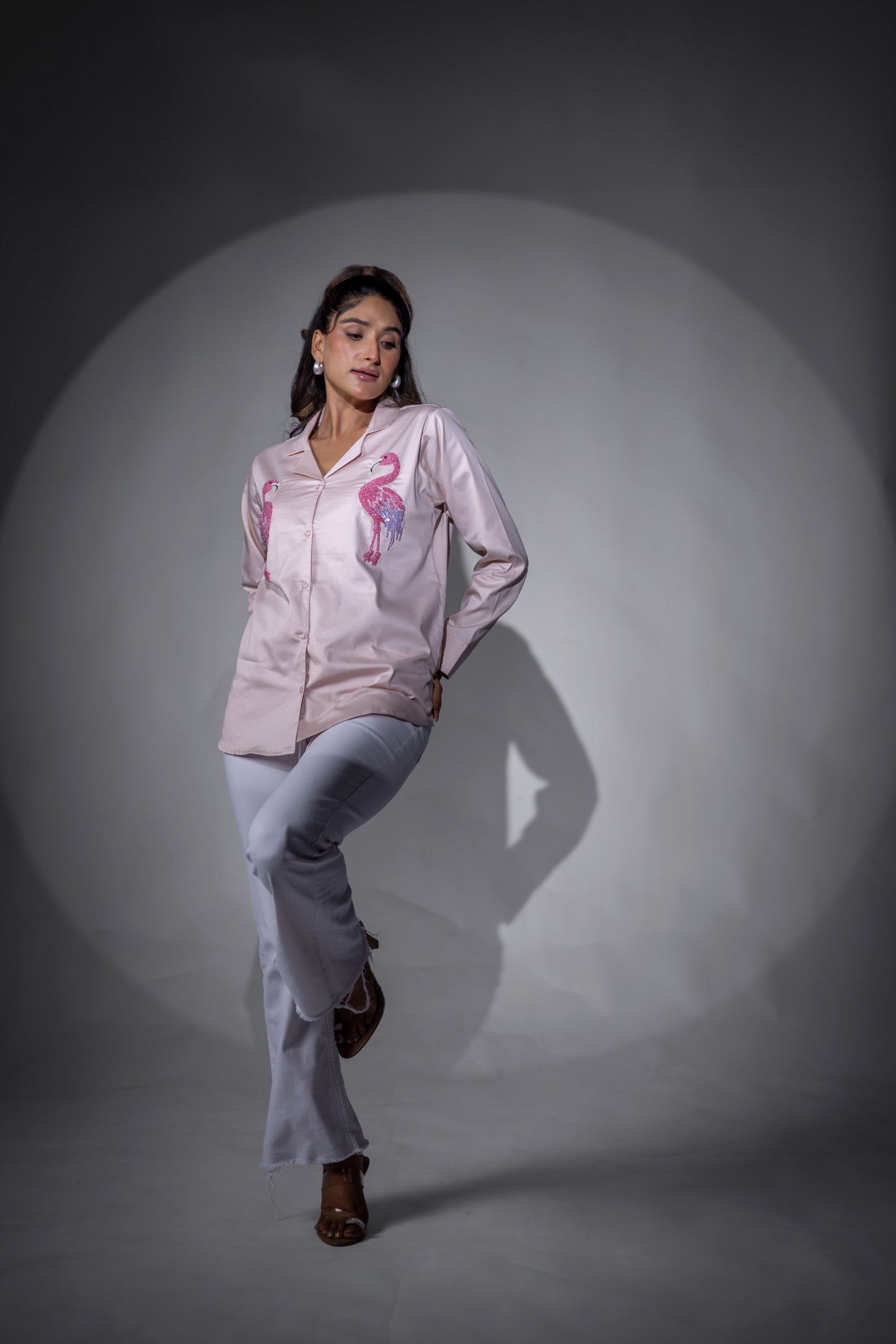 Peach flamingo double collared shirt