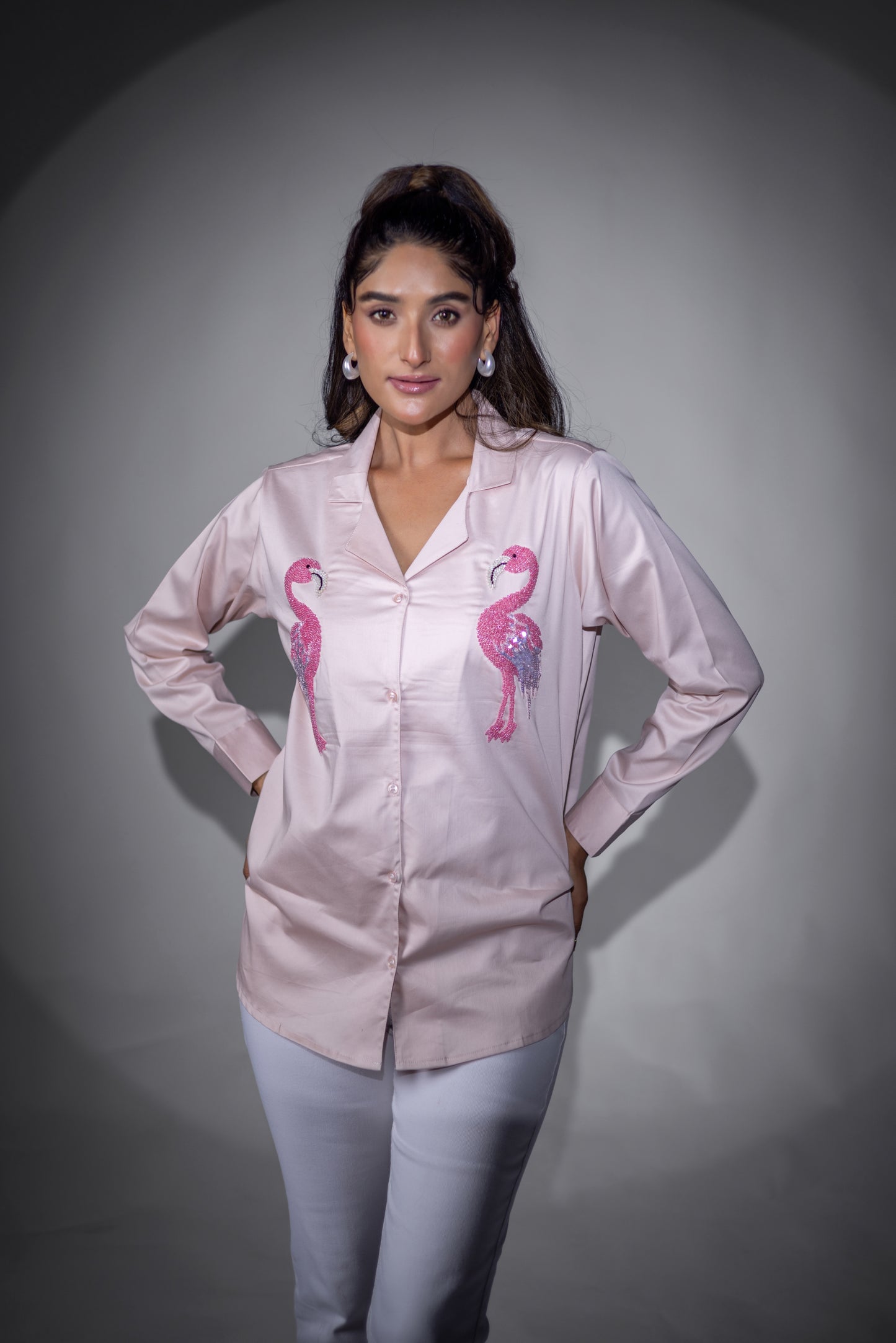 Peach flamingo double collared shirt