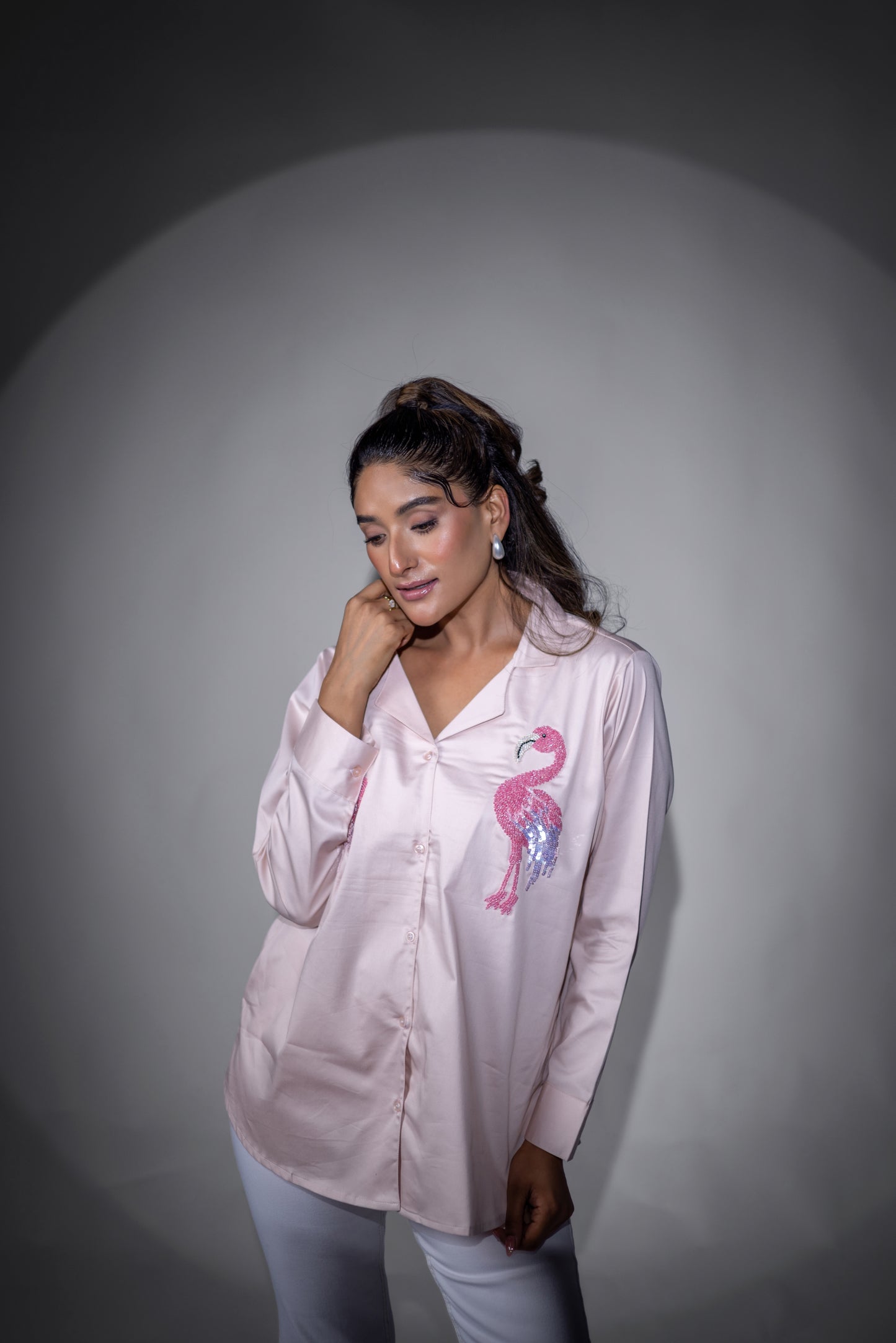 Peach flamingo double collared shirt